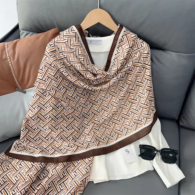Brown F Geometric Brand Print Viscose Scarf