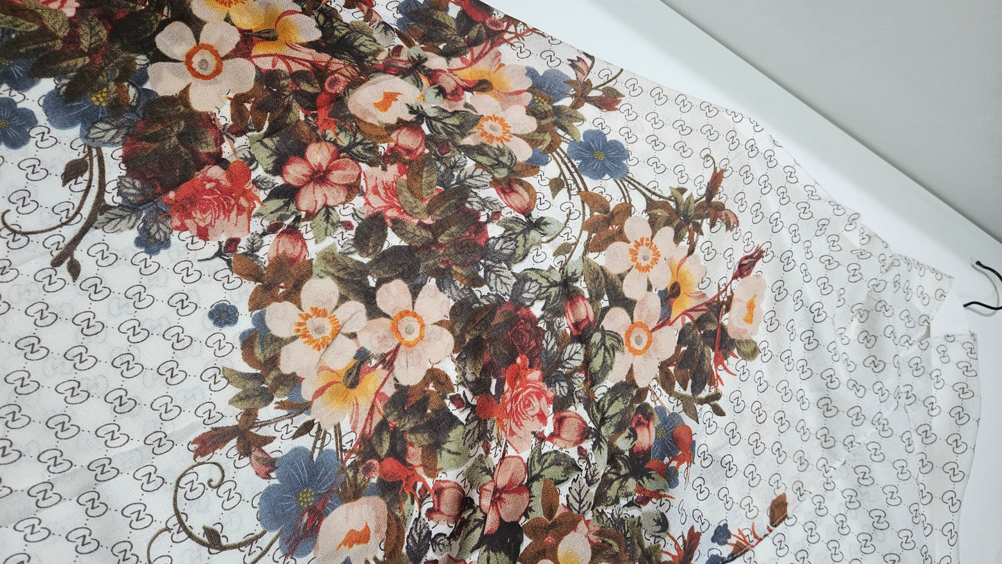 White Ink Floral Printed Viscose Scarf
