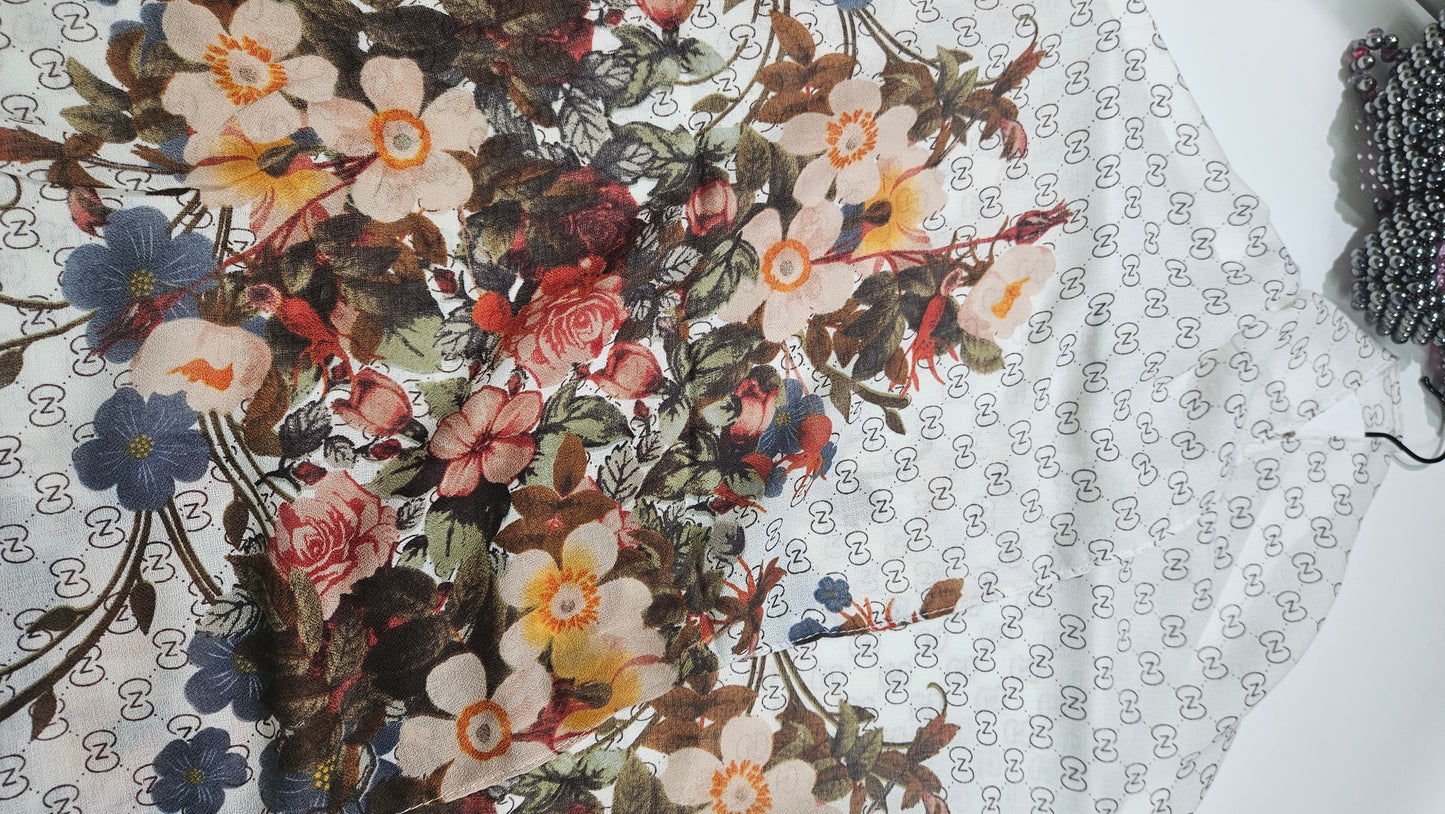 White Ink Floral Printed Viscose Scarf