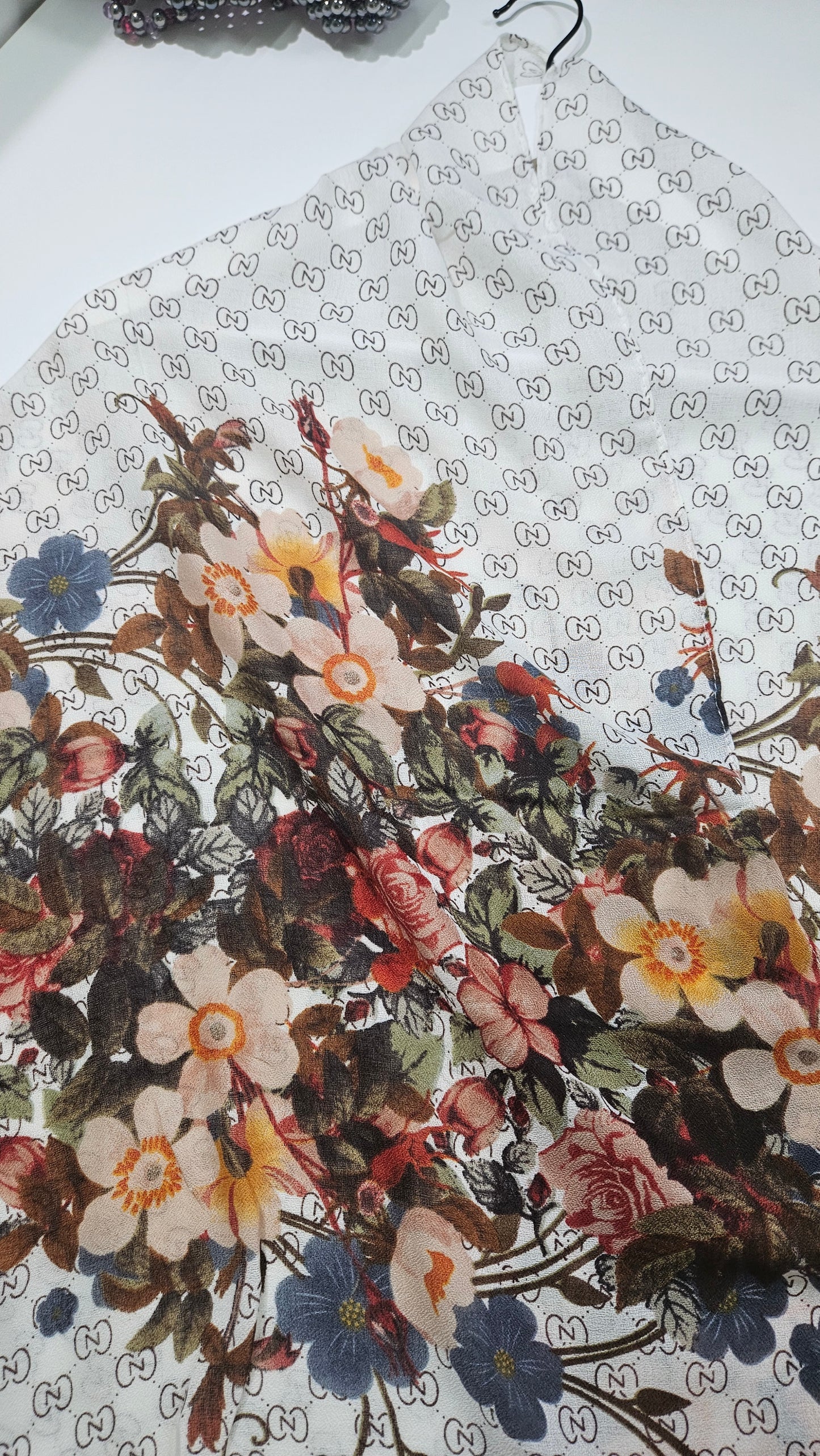 White Ink Floral Printed Viscose Scarf