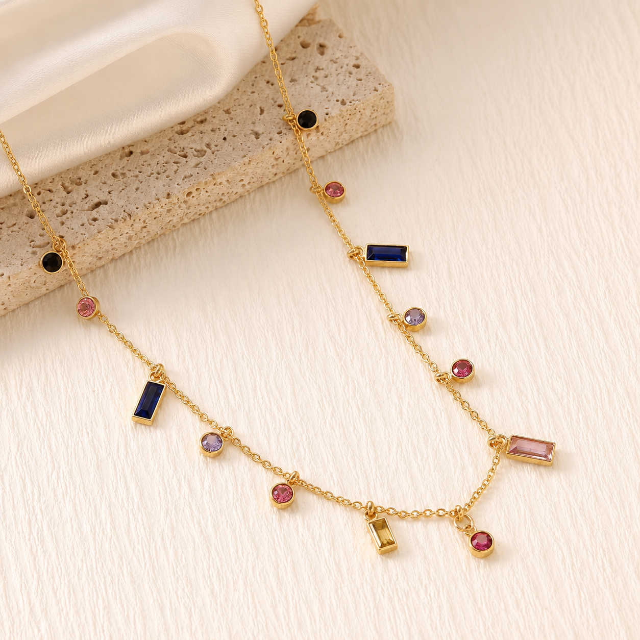 Black Multi Stone Gold-Tone Anti-Tarnish Necklace