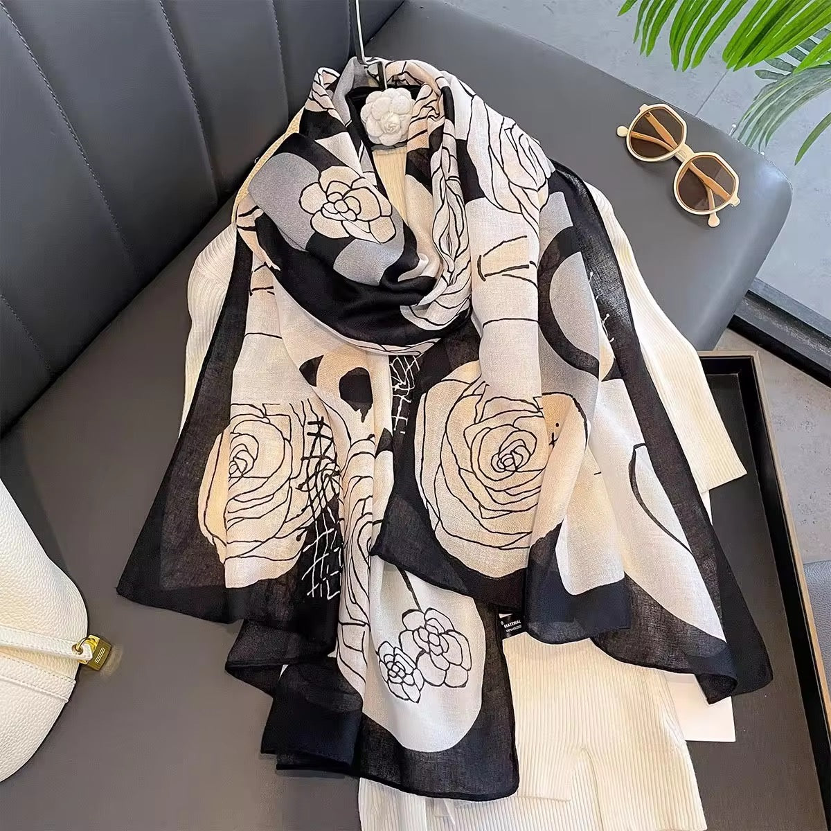 Black Abstract Rose Printed Viscose Scarf