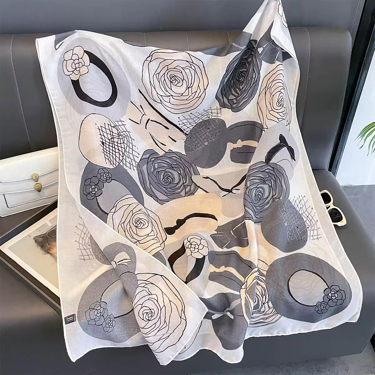 Peach Abstract Rose Printed Viscose Scarf