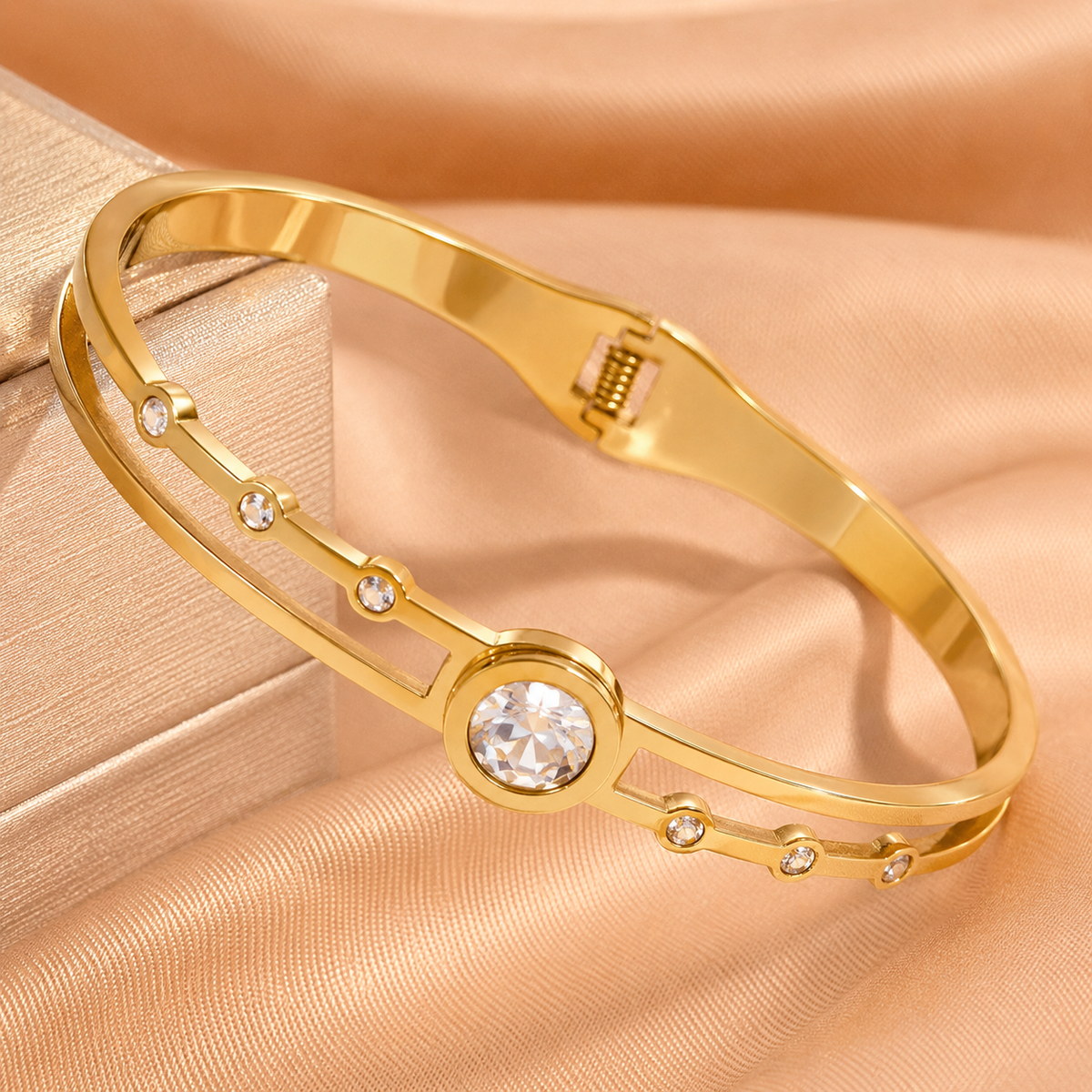 Stone Round Gold-Tone Anti-Tarnish Bangle Bracelet