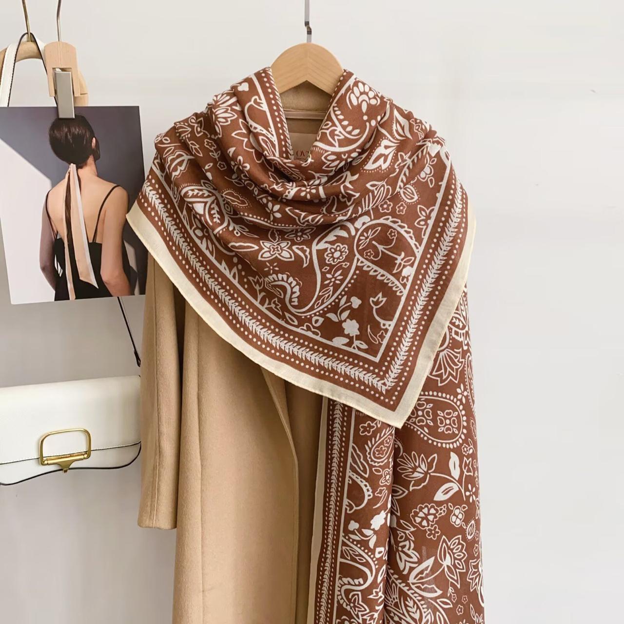 Brown Pleated Hit Printed Viscose Scarf