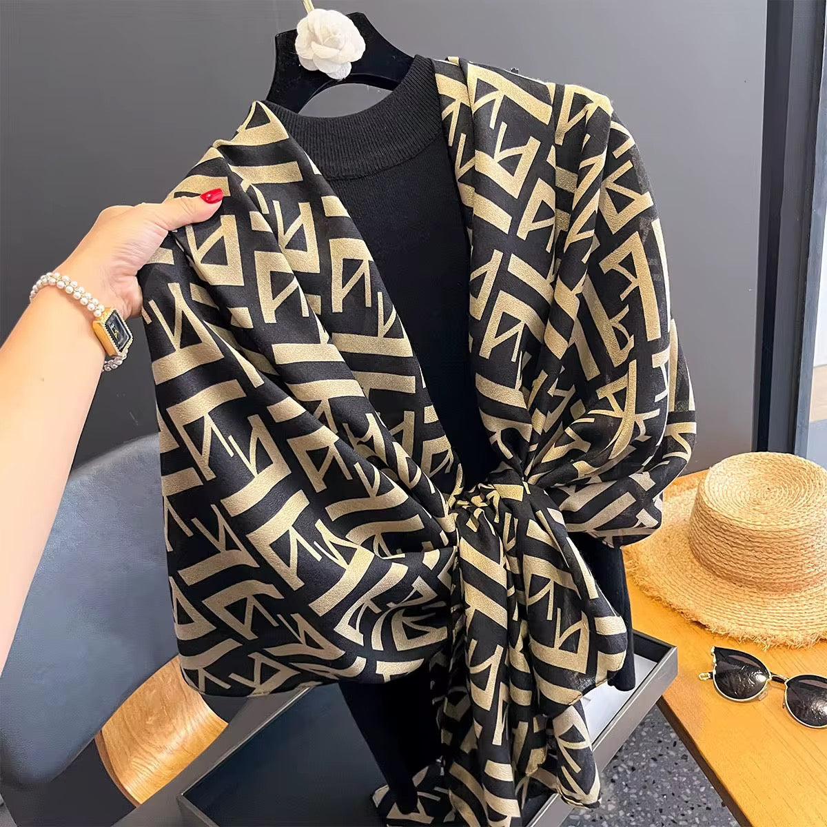 Black FA Printed Viscose Scarf