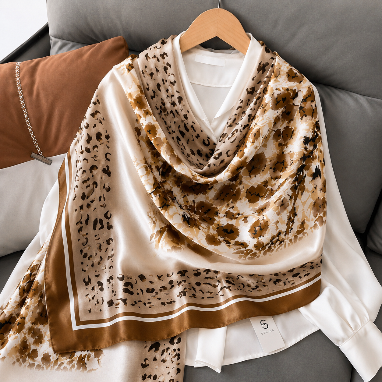 Beige Cheetah Symphony Printed Silk Scarf