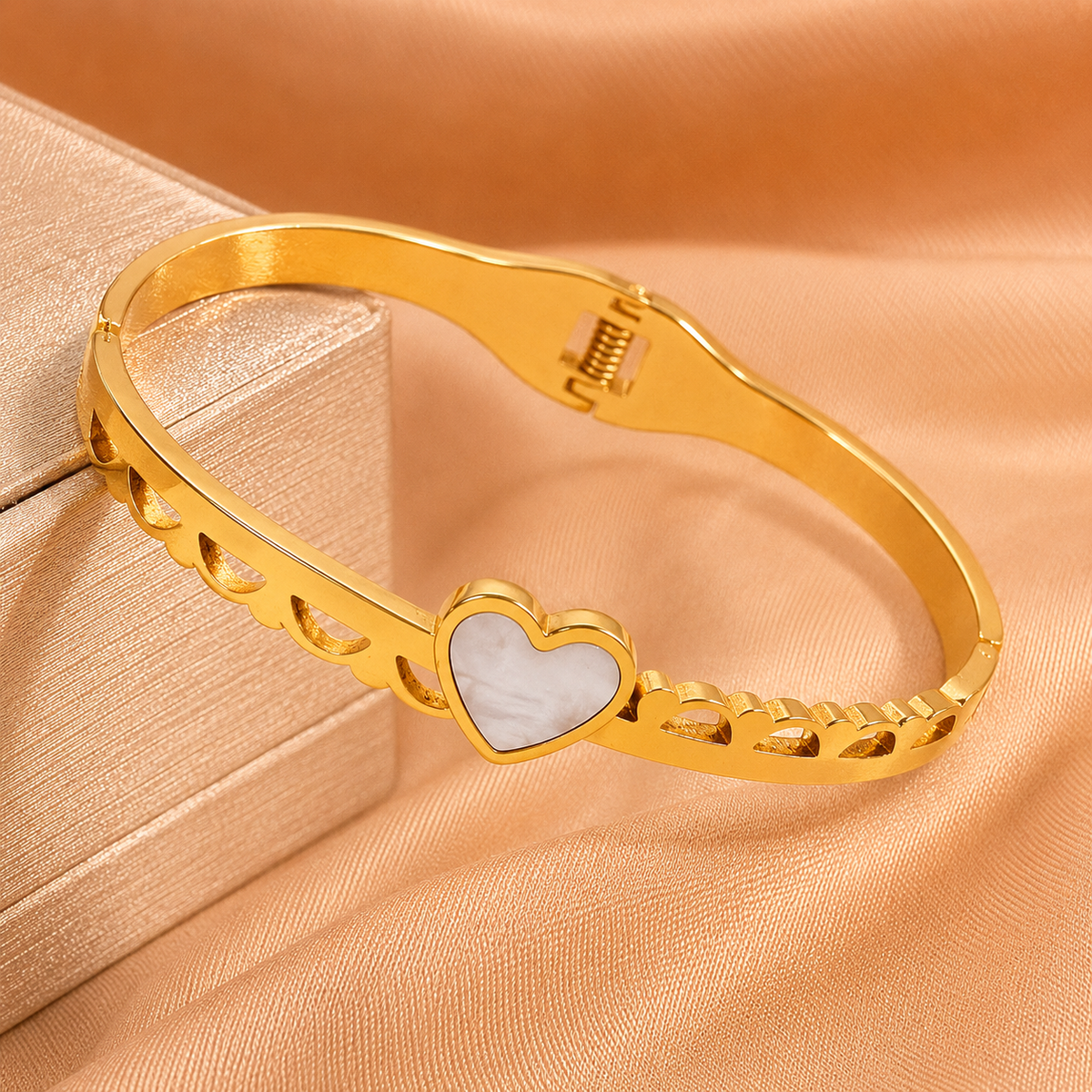 Pearl White Heart Gold-Tone Anti-Tarnish Bangle Bracelet