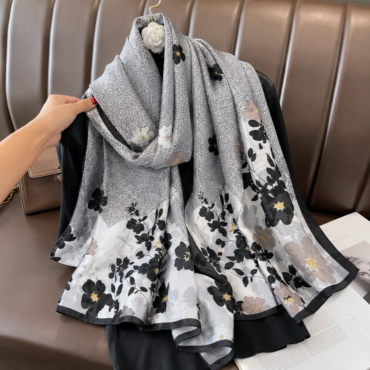 Black Misty Lilac Printed Silk Scarf