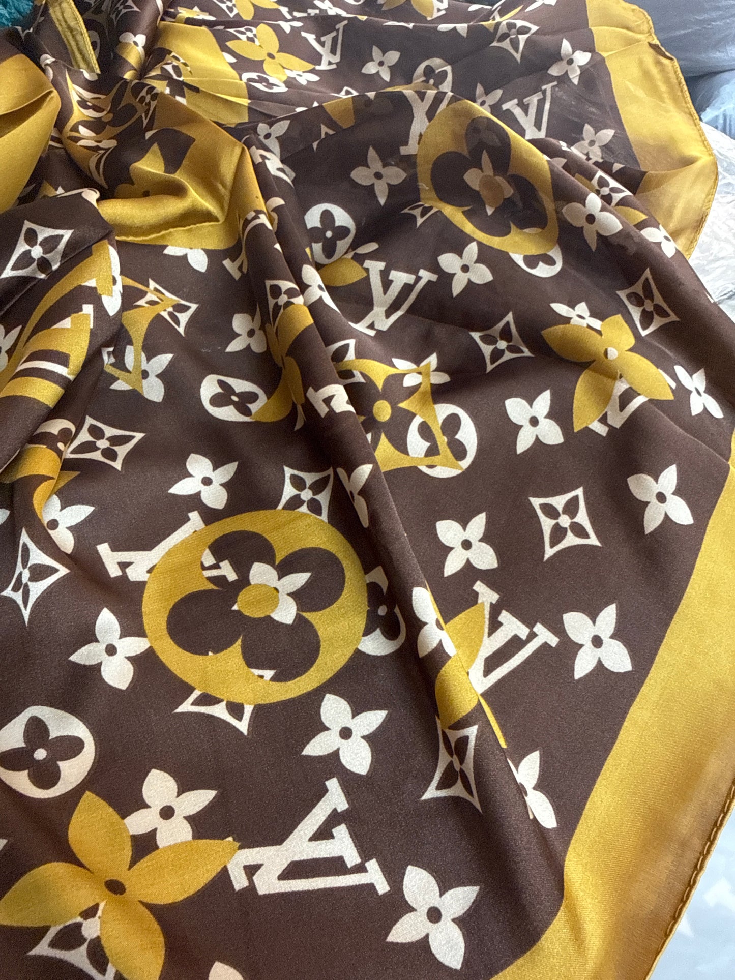 Gold Brown V Winter Printed Silk Scarf