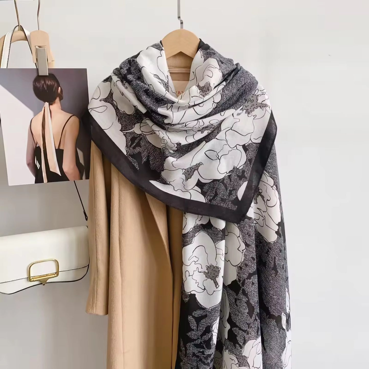 Black Abstract Hibis Printed Viscose Scarf