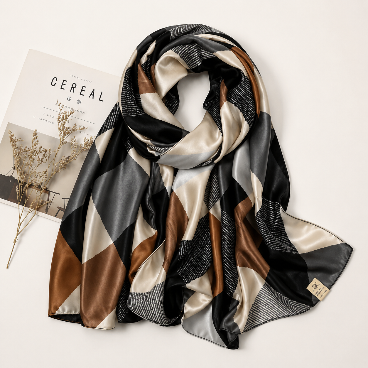 Black Stripes Squares Printed Silk Scarf