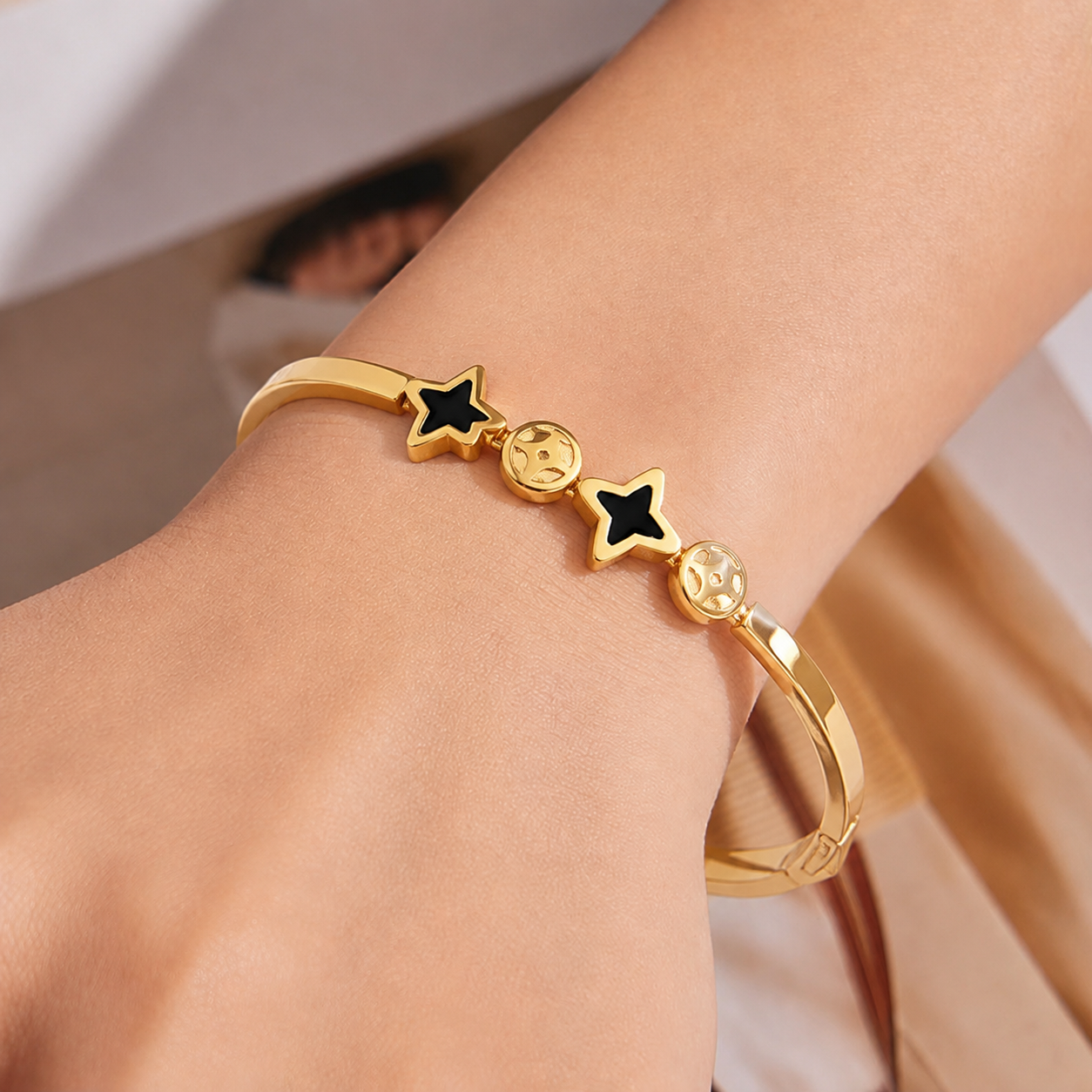 Shuriken Black Gold-Tone Anti-Tarnish Bangle Bracelet