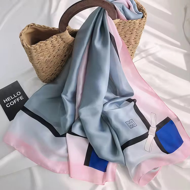 Pink Blue Square Printed Silk Scarf