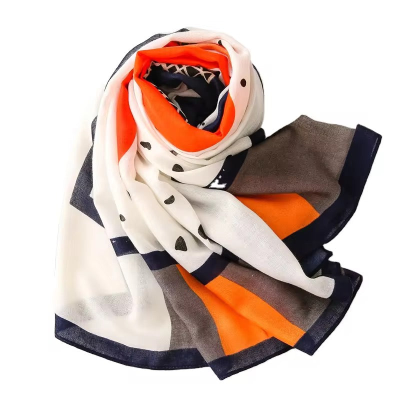 White Orange Printed Viscose Scarf