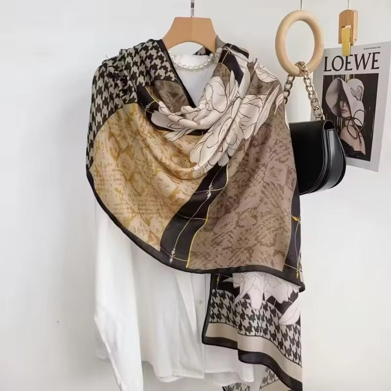 Dusty Olive Floral Check Printed Viscose Scarf