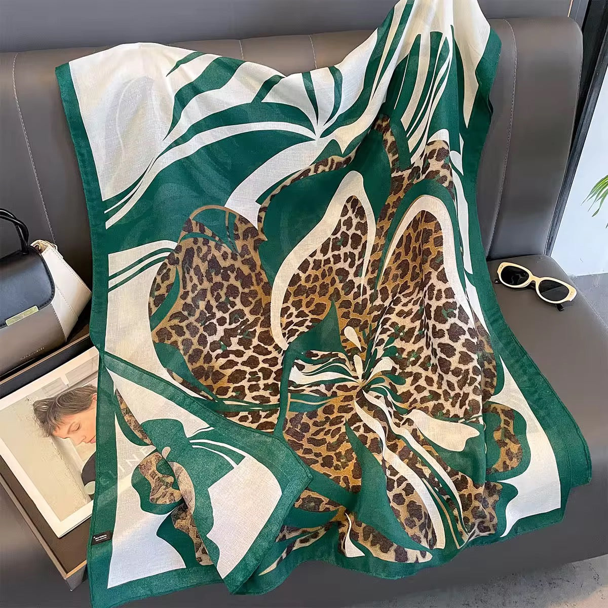 Green Cheetah Flower Viscose Scarf