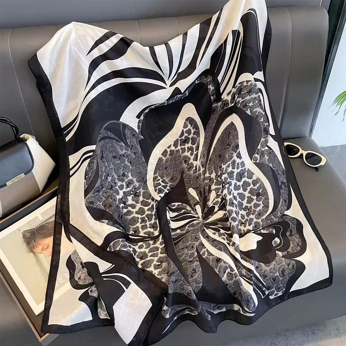 Black Cheetah Flower Viscose Scarf
