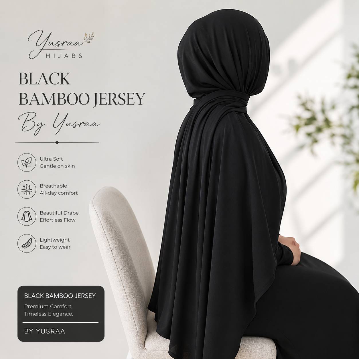 Yusraa Black Bamboo Jersey Hijab 2M