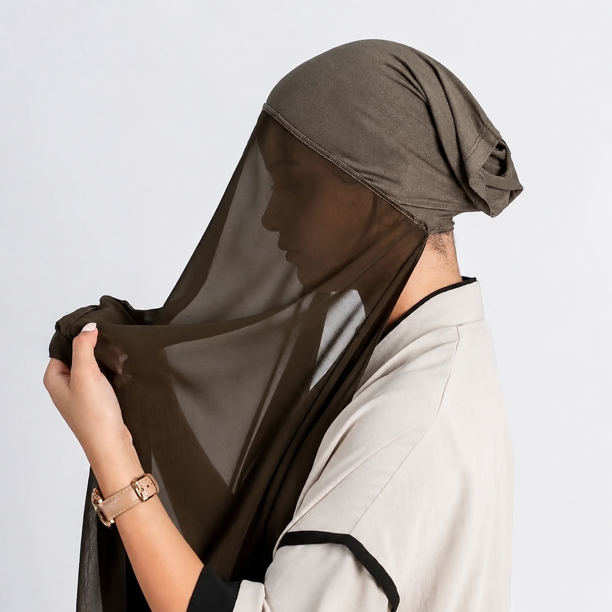 Yusraa Black Bonnet Chiffon Hijab (Attached Tube Cap)