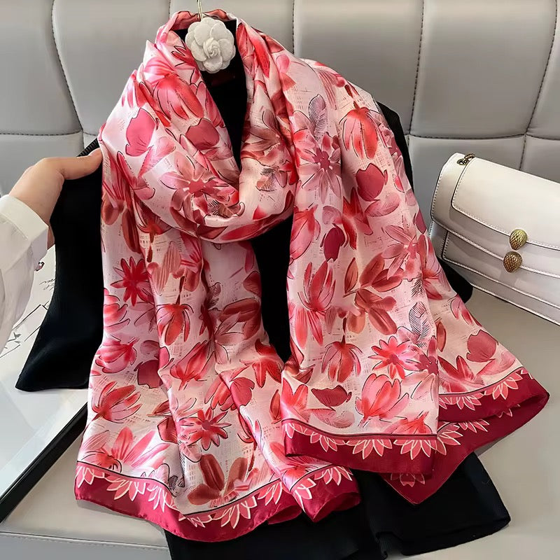 Cherry Lily Petals Printed Silk Scarf