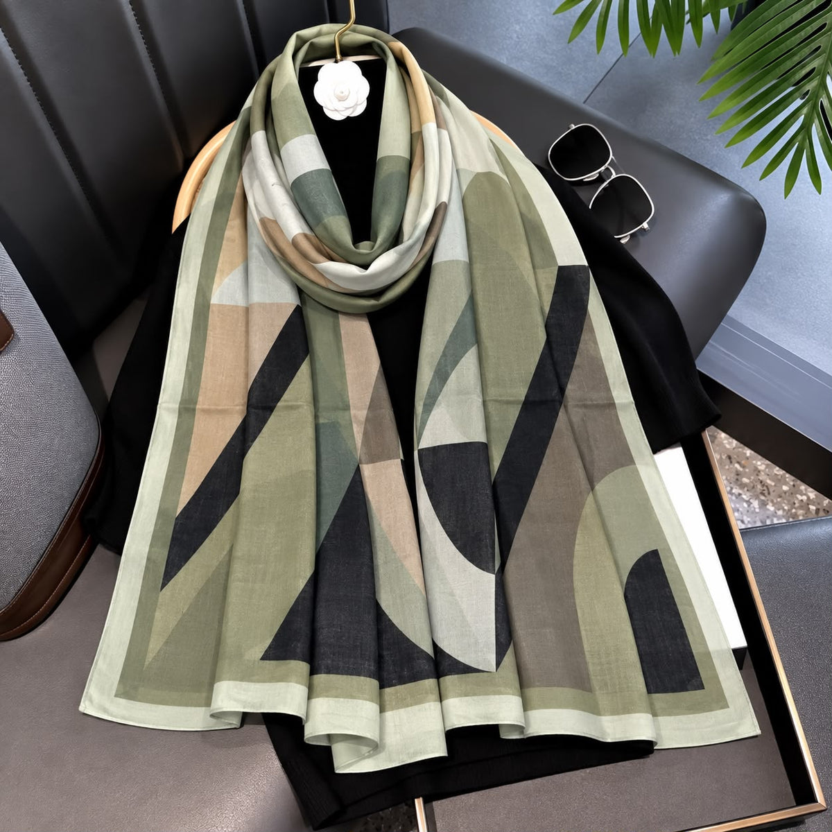 Black Muted Olive Palette Printed Viscose Scarf