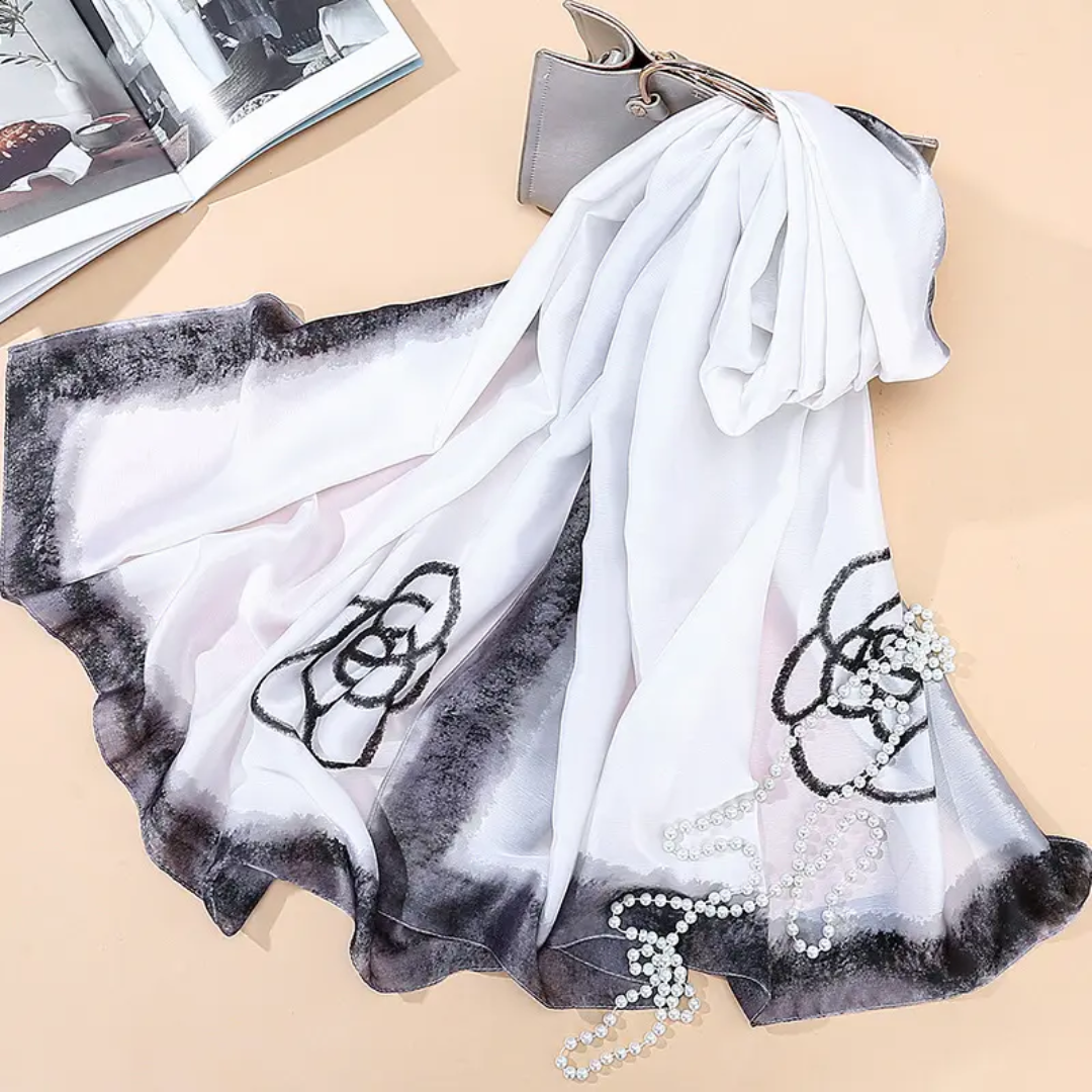 Faded White Blume Printed Silk Scarf