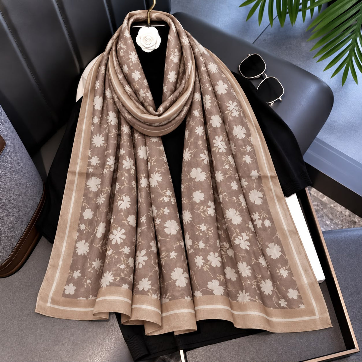 Espresso Floral Printed Viscose Scarf