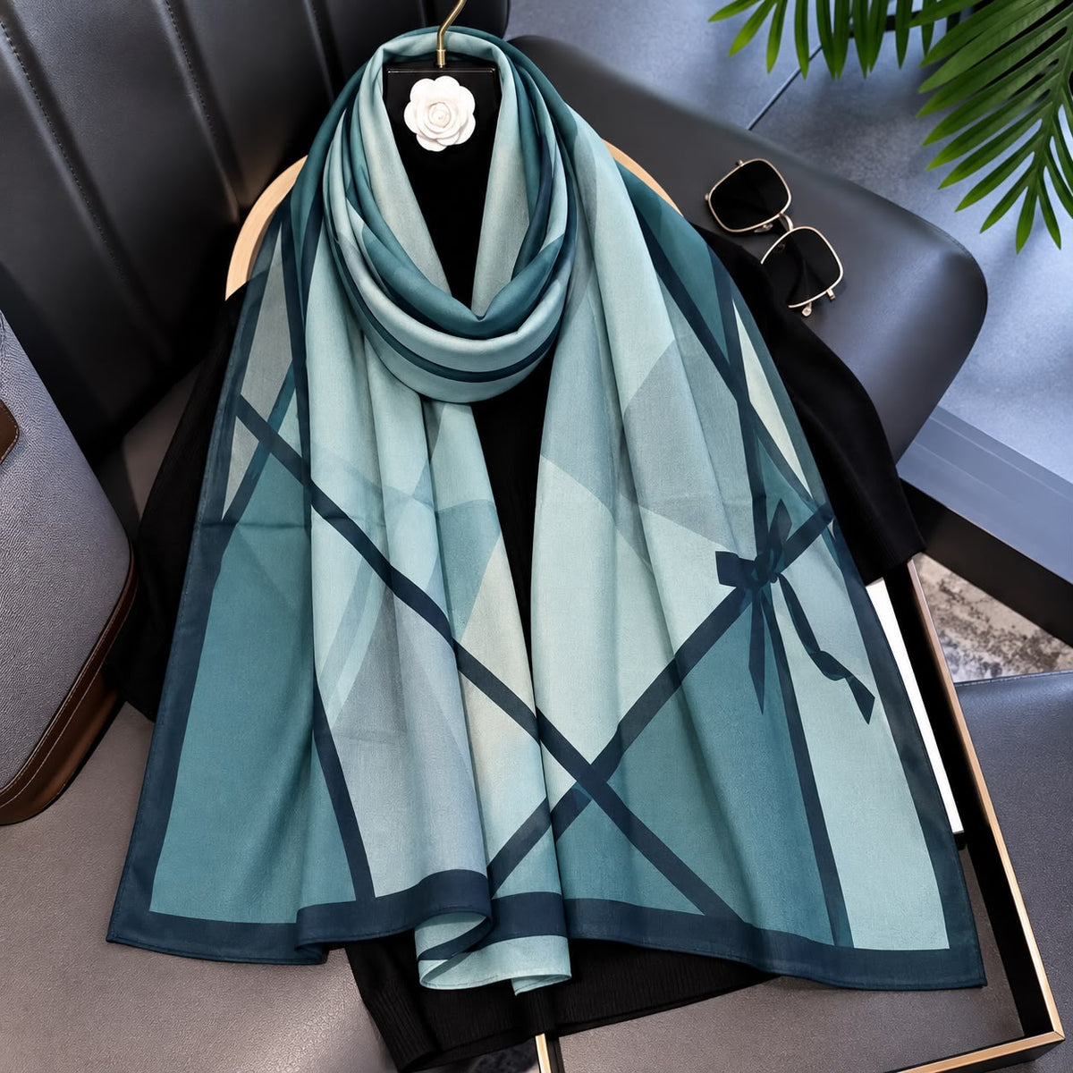 Powder Blue Bow Printed Viscose Scarf