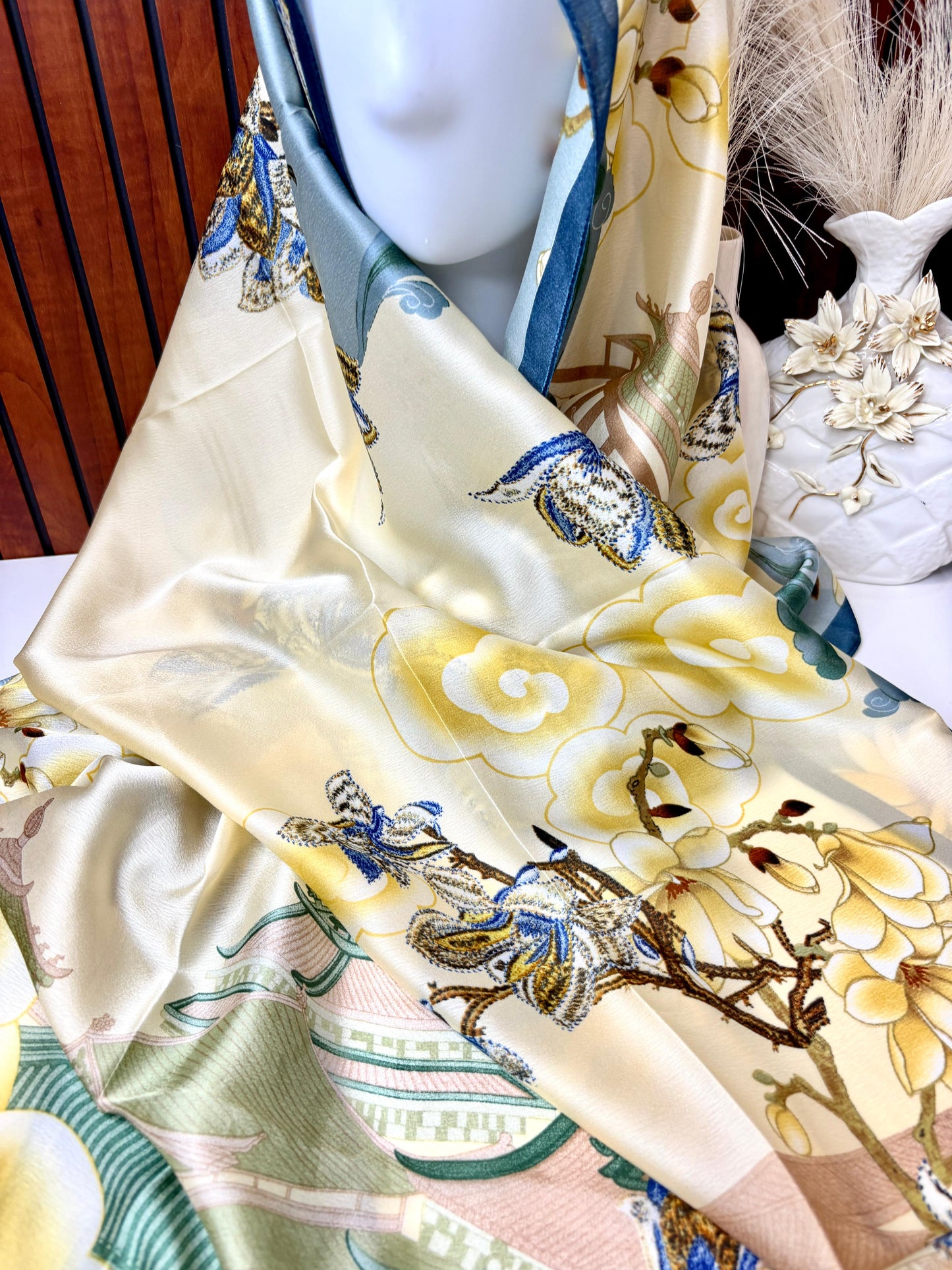 Blue Orchid Bloom Printed Silk Scarf