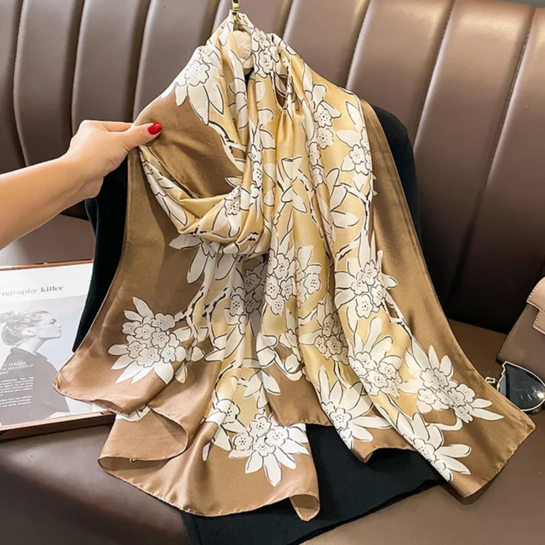 Coffee Brown Floral Printed Silk Scarf