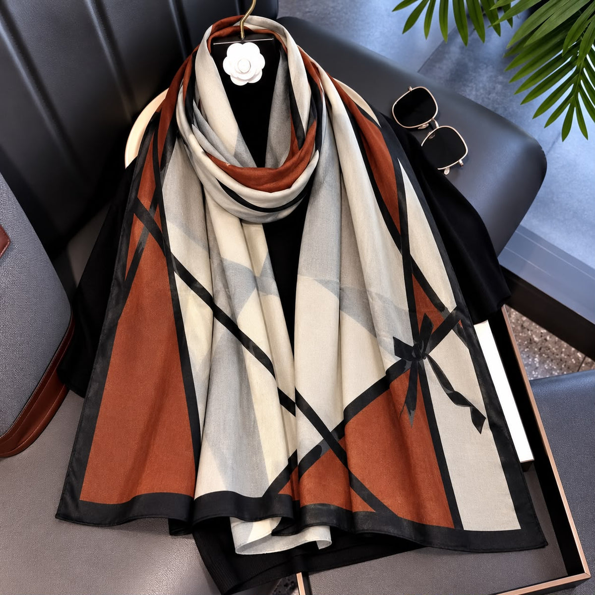 Terracota Black Bow Printed Viscose Scarf