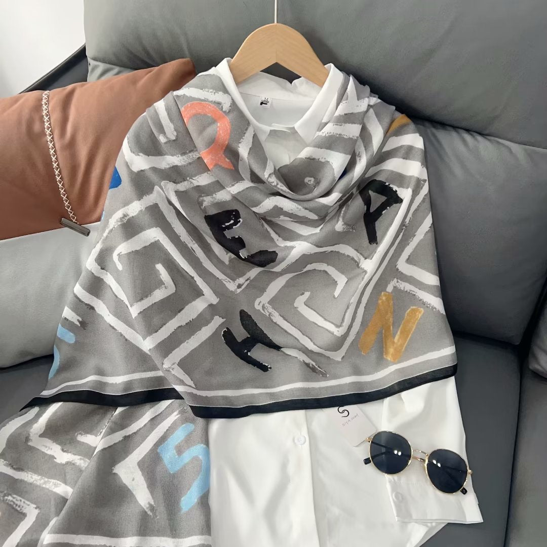 Silver Geometric Printed Winter Viscose Scarf