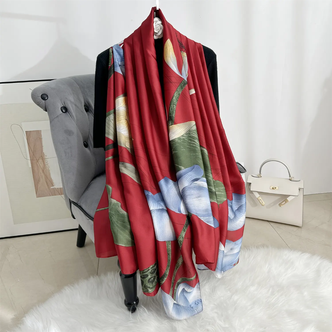 Blooming Lotus Maroon Silk Scarf