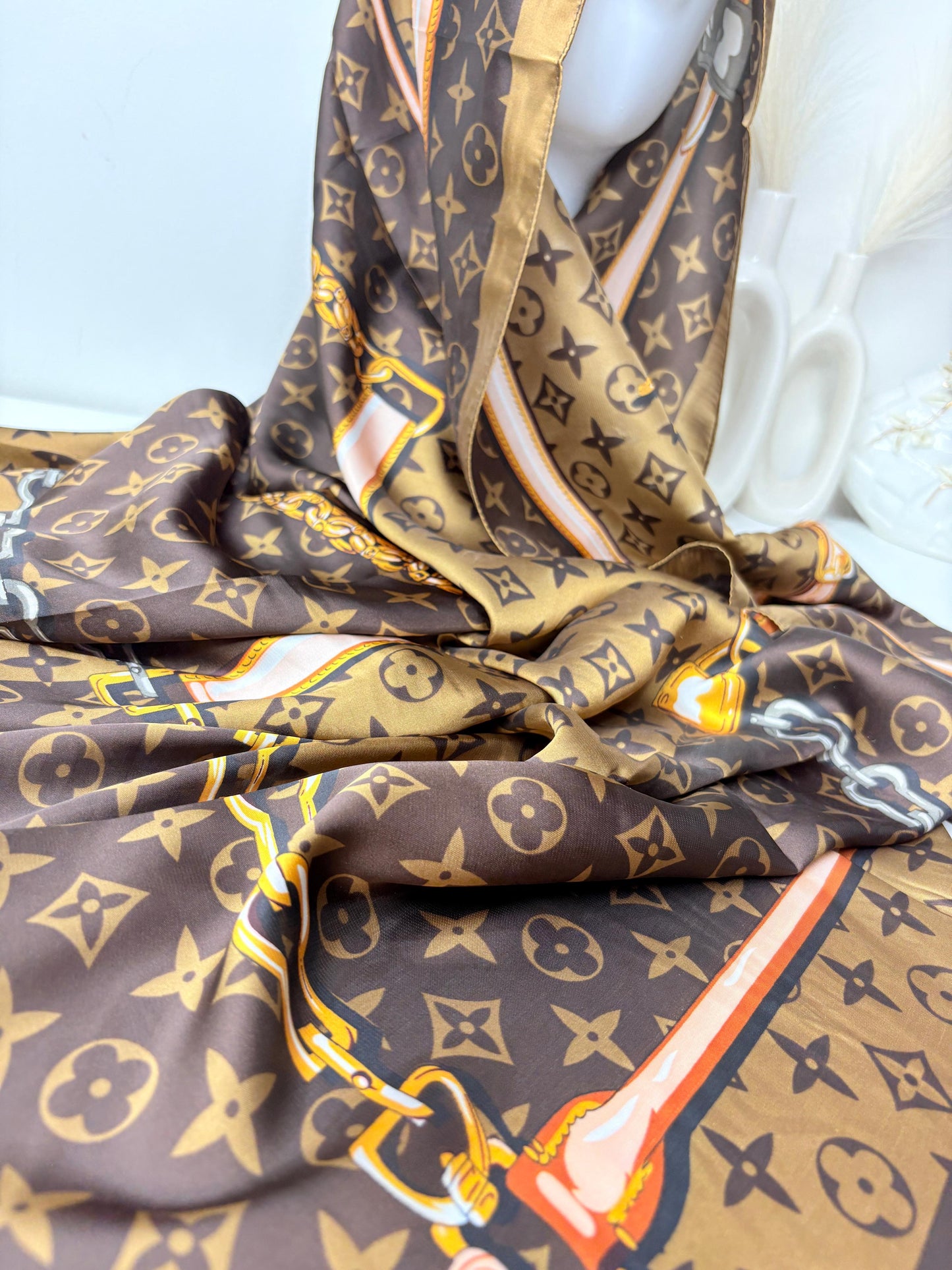 V Brown Printed Silk Scarf
