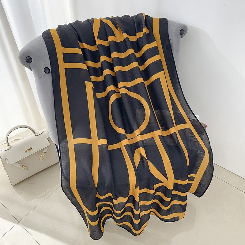 Yellow Black Line Printed Winter Viscose Scarf