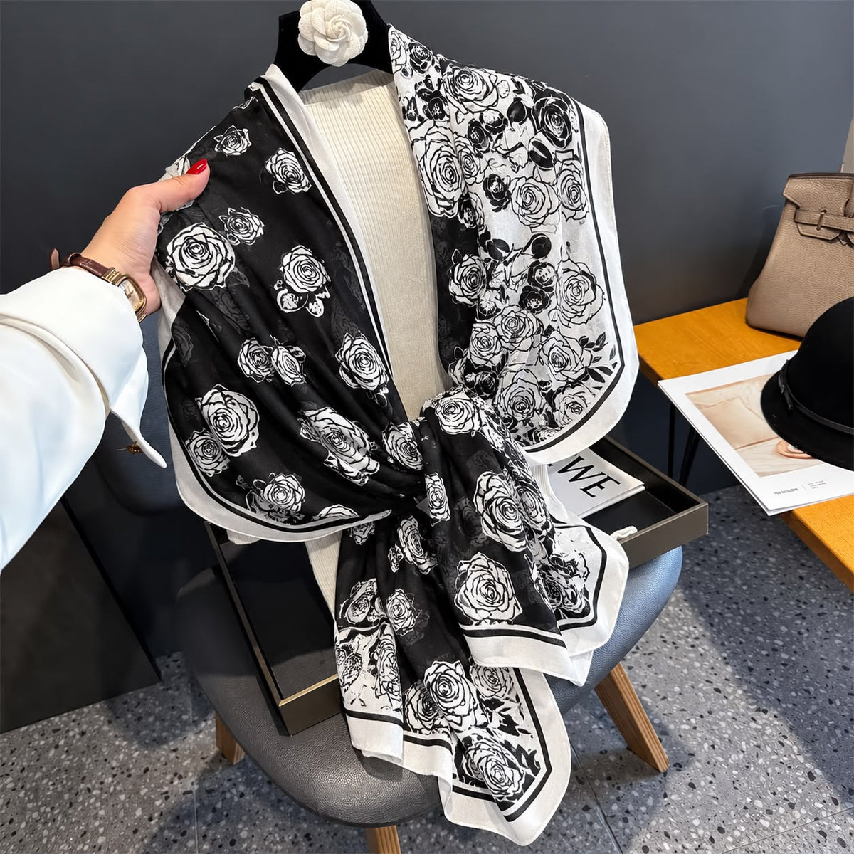 Black Rose Whisper Printed Viscose Scarf
