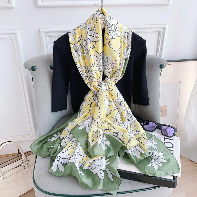 Yellow Green Floral Printed Silk Scarf