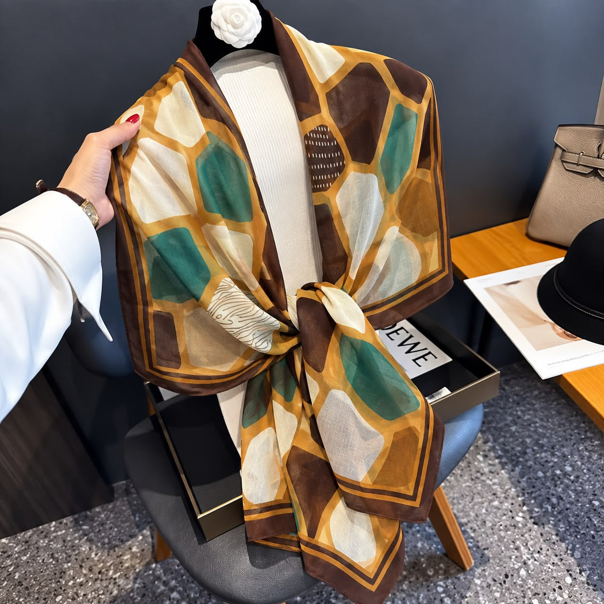 Gold Honey Comb Printed Viscose Scarf