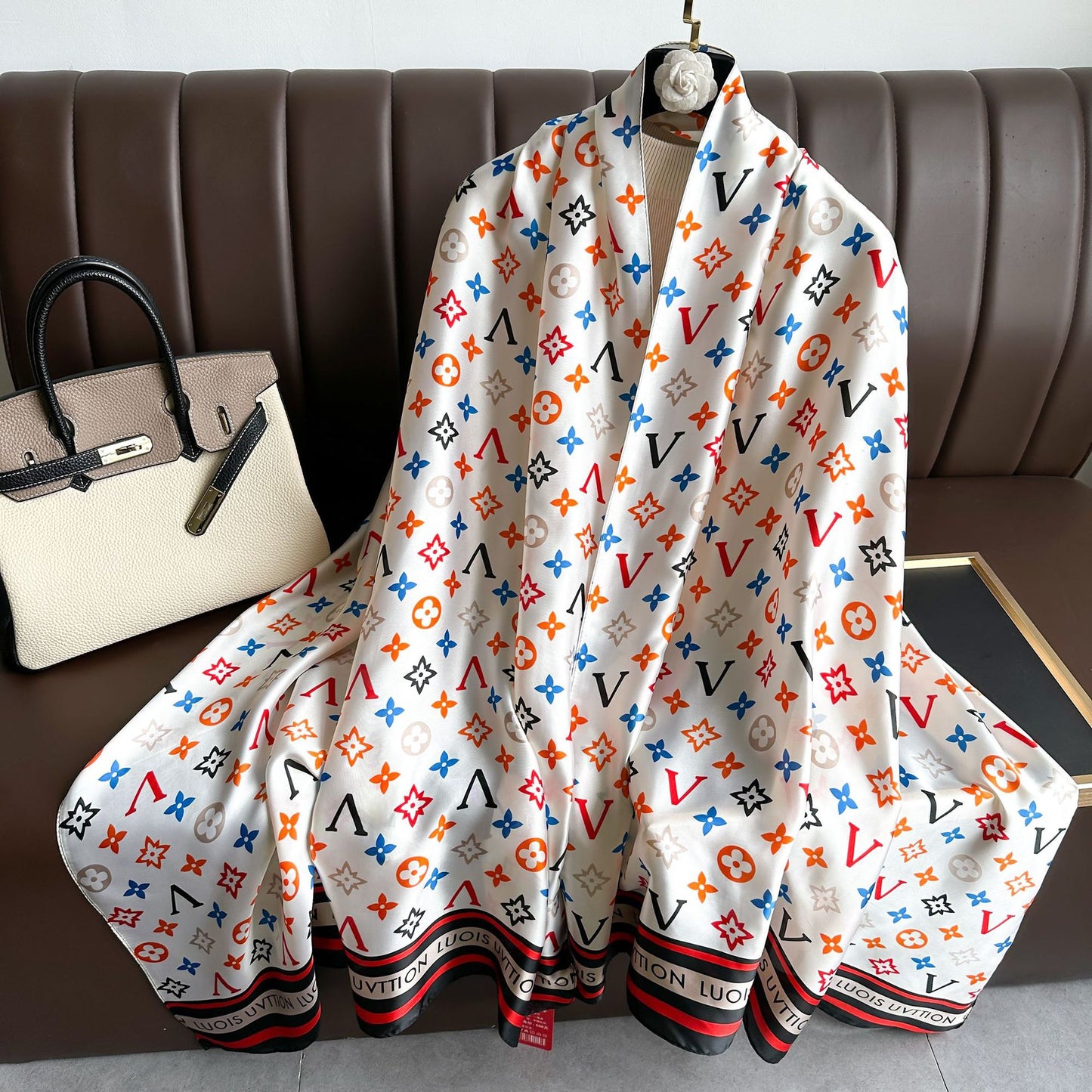 Red V lined Winter Printed Silk Scarf