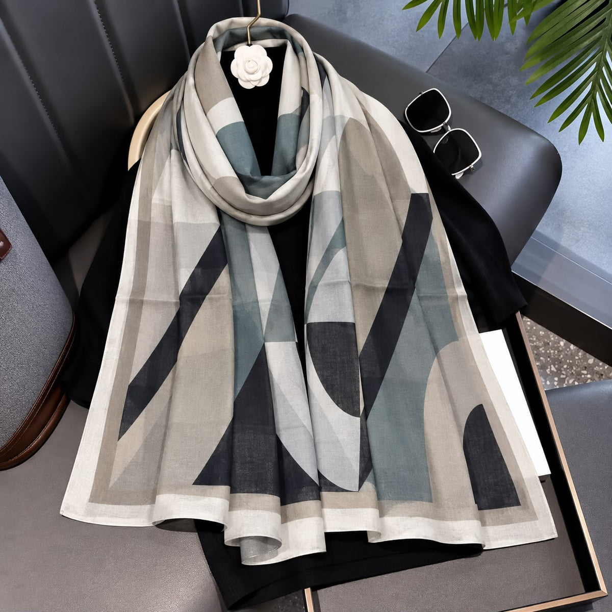 Black Dusty Blue Palette Printed Viscose Scarf