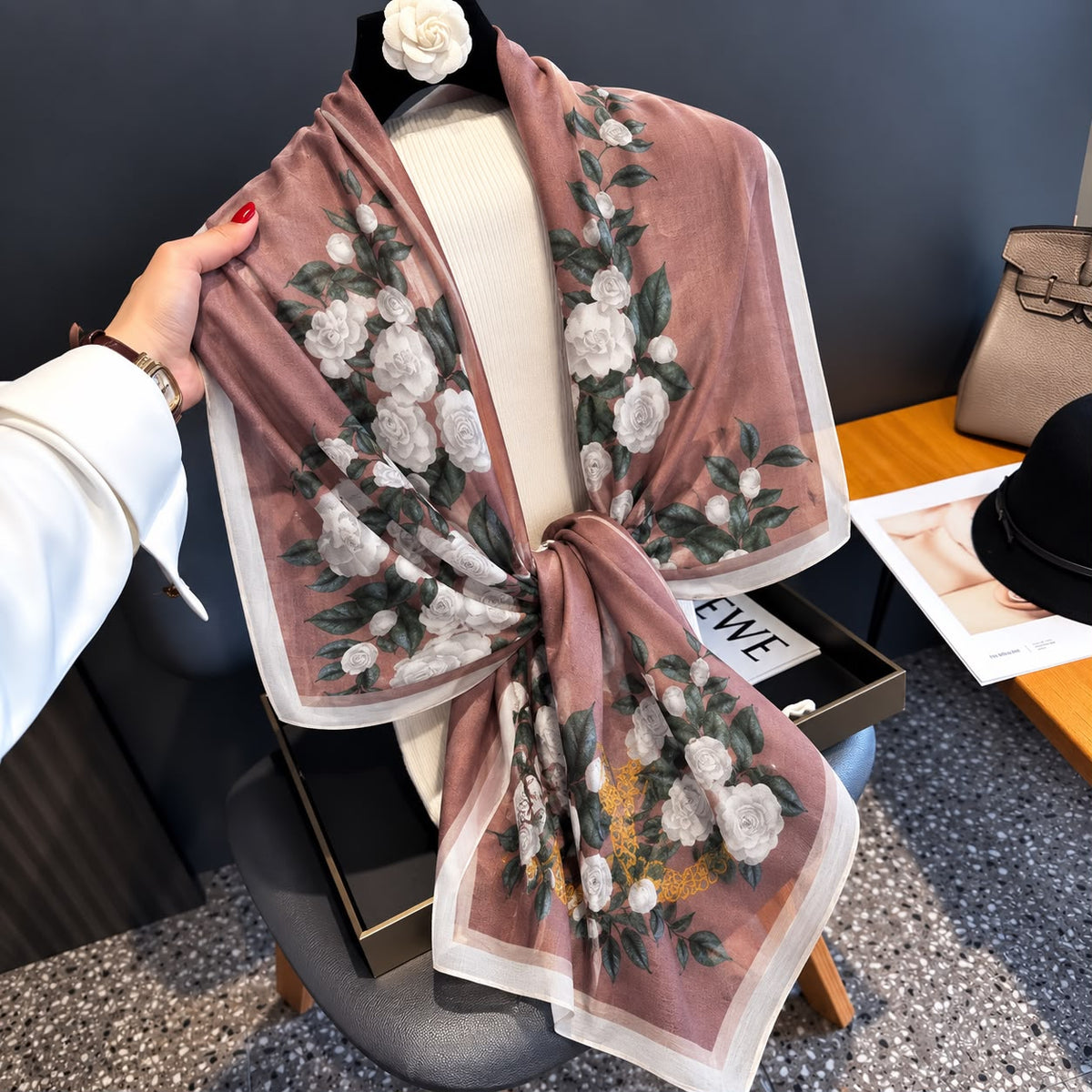 Light Silver Rose Bunch Printed Viscose Scarf