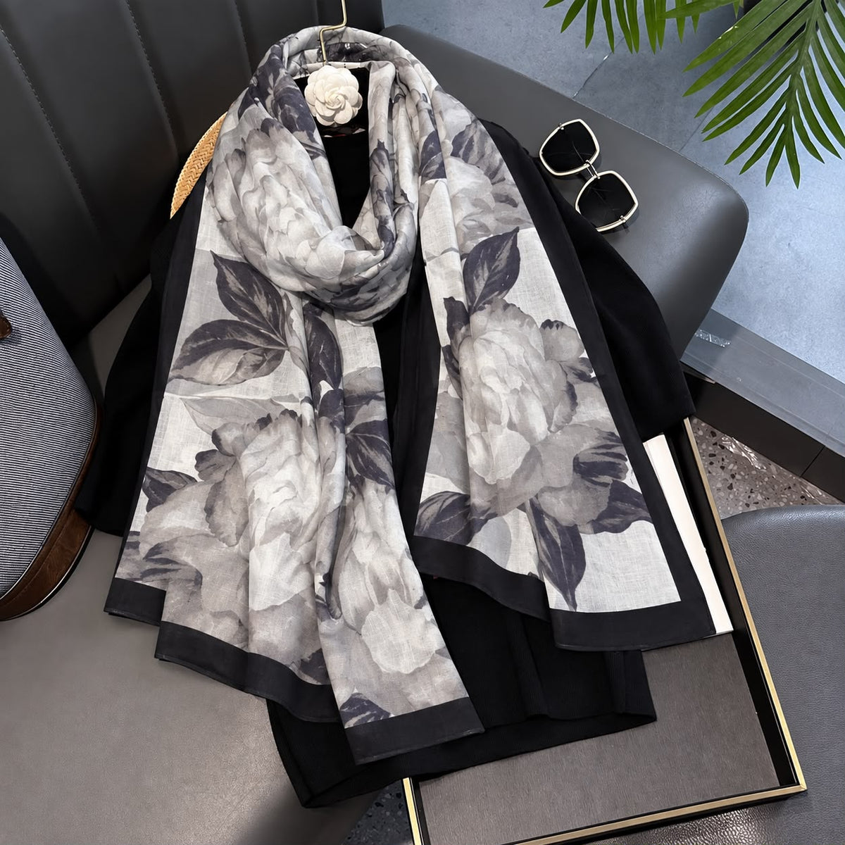 Shaded Black Floral Printed Viscose Scarf