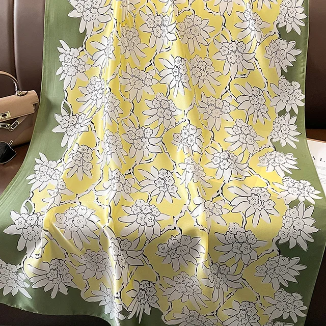 Yellow Green Floral Printed Silk Scarf