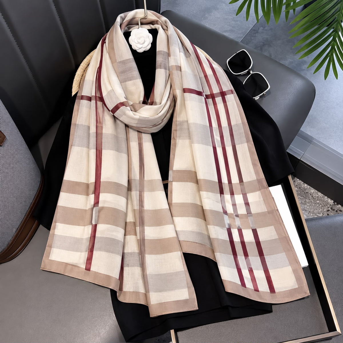 Red Line Cream Check Printed Viscose Scarf