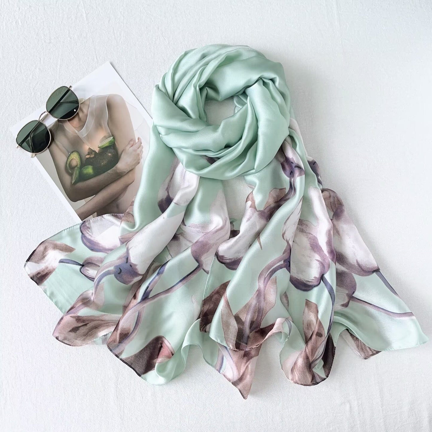Green Tulip Winter Printed Silk Scarf