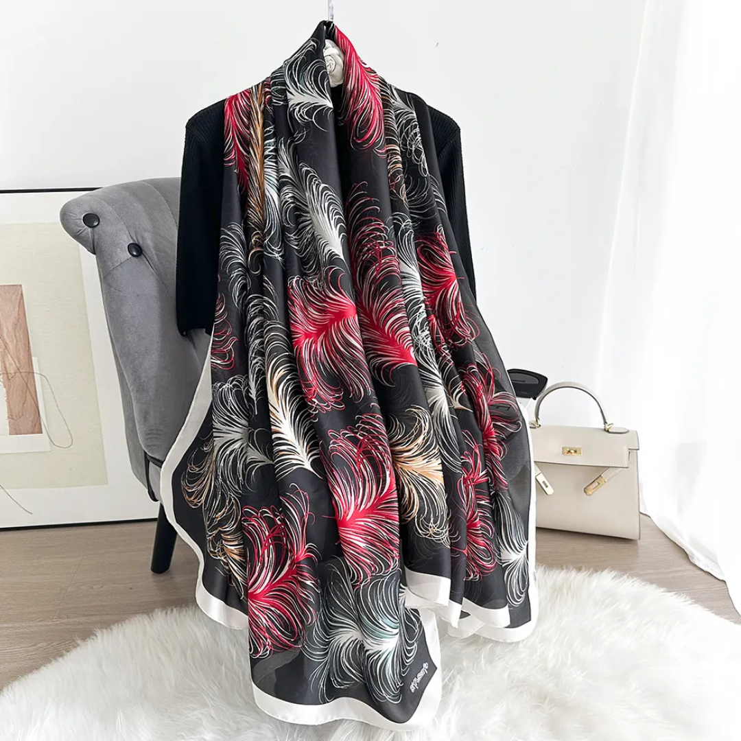 Ostrich Feather Black Maroon Printed Silk Scarf