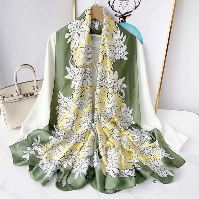 Yellow Green Floral Printed Silk Scarf