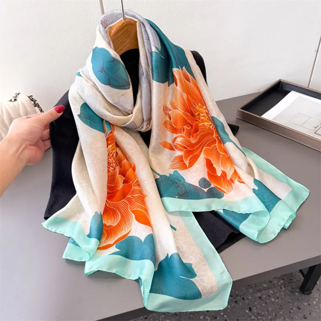 Teal Tangerine Blooming Hibiscus Printed Silk Scarf