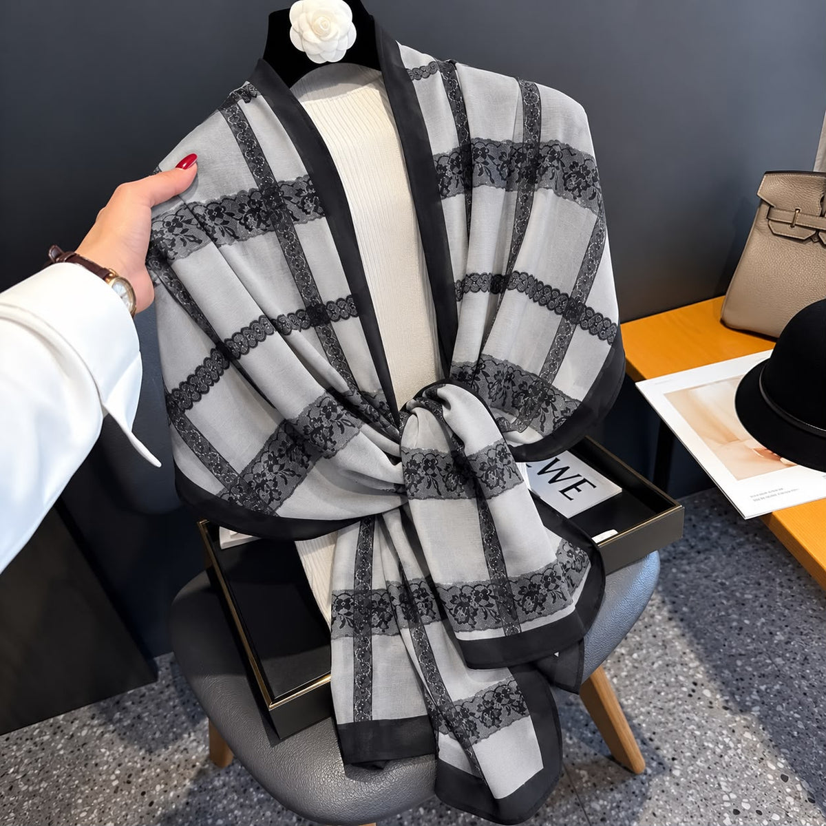 Lace Print Silver Printed Viscose Scarf